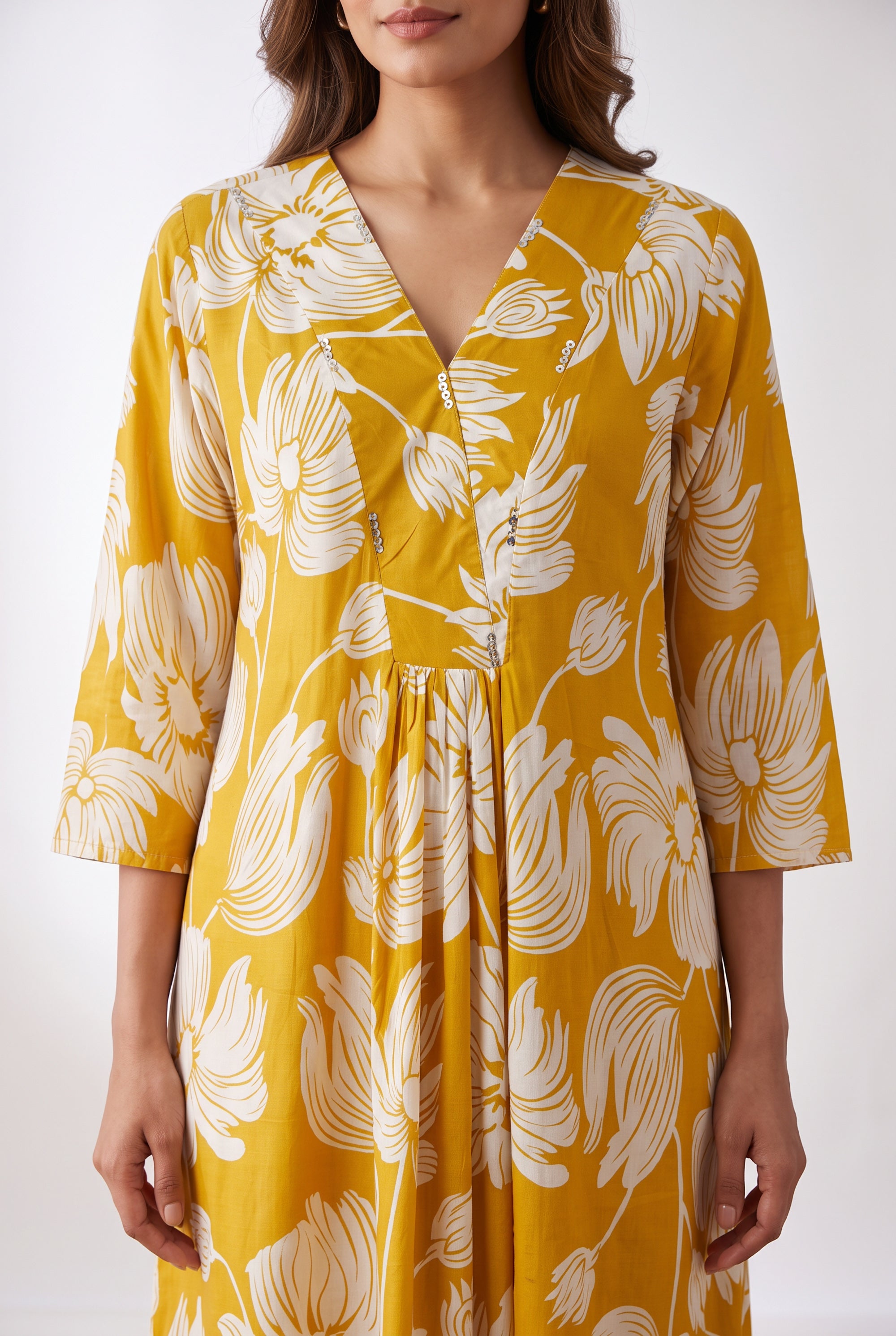 Artistic Floral Printed Flared Russian Silk Dress