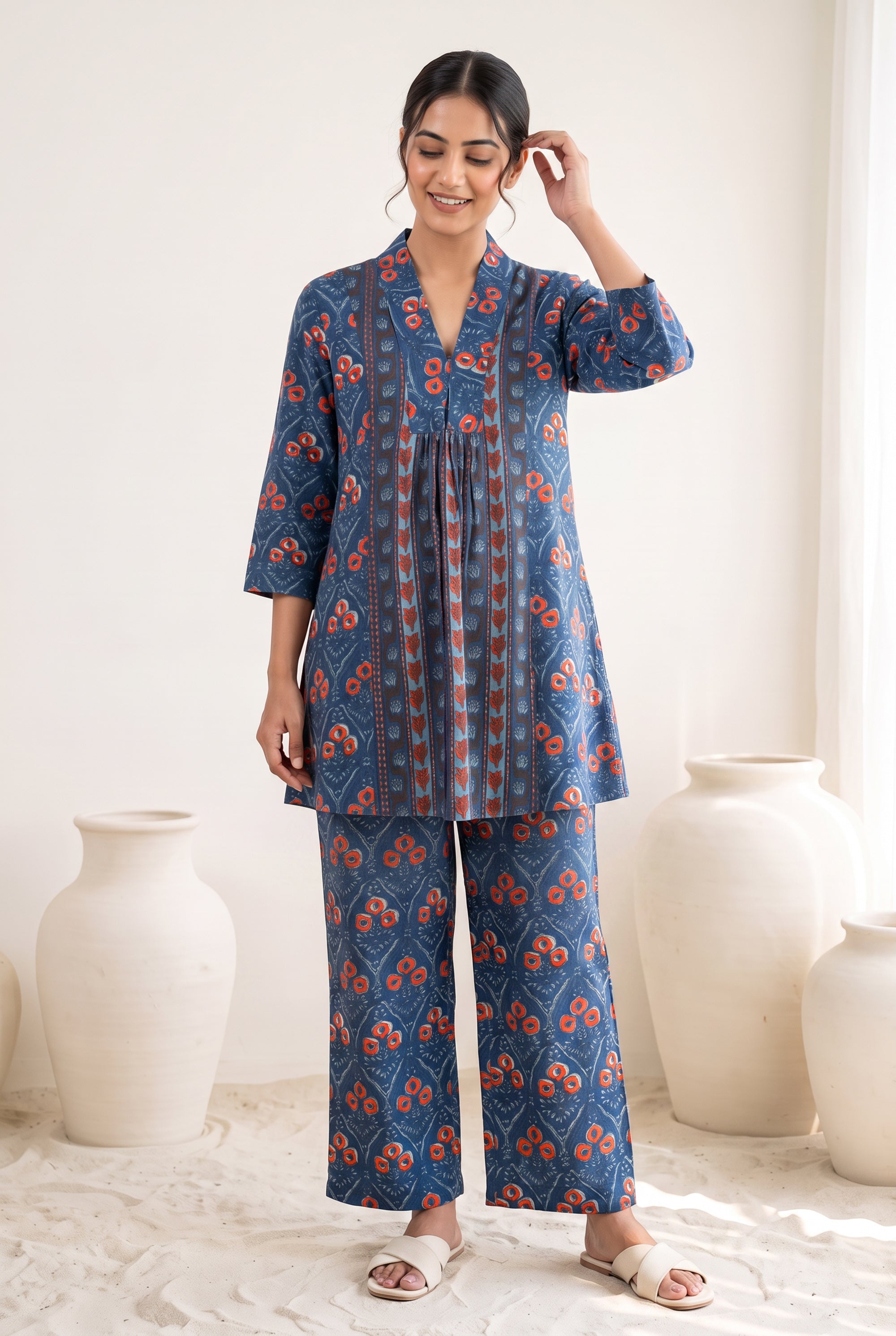 Indigo Floral Print Front Pleat Cotton Co-ord Set
