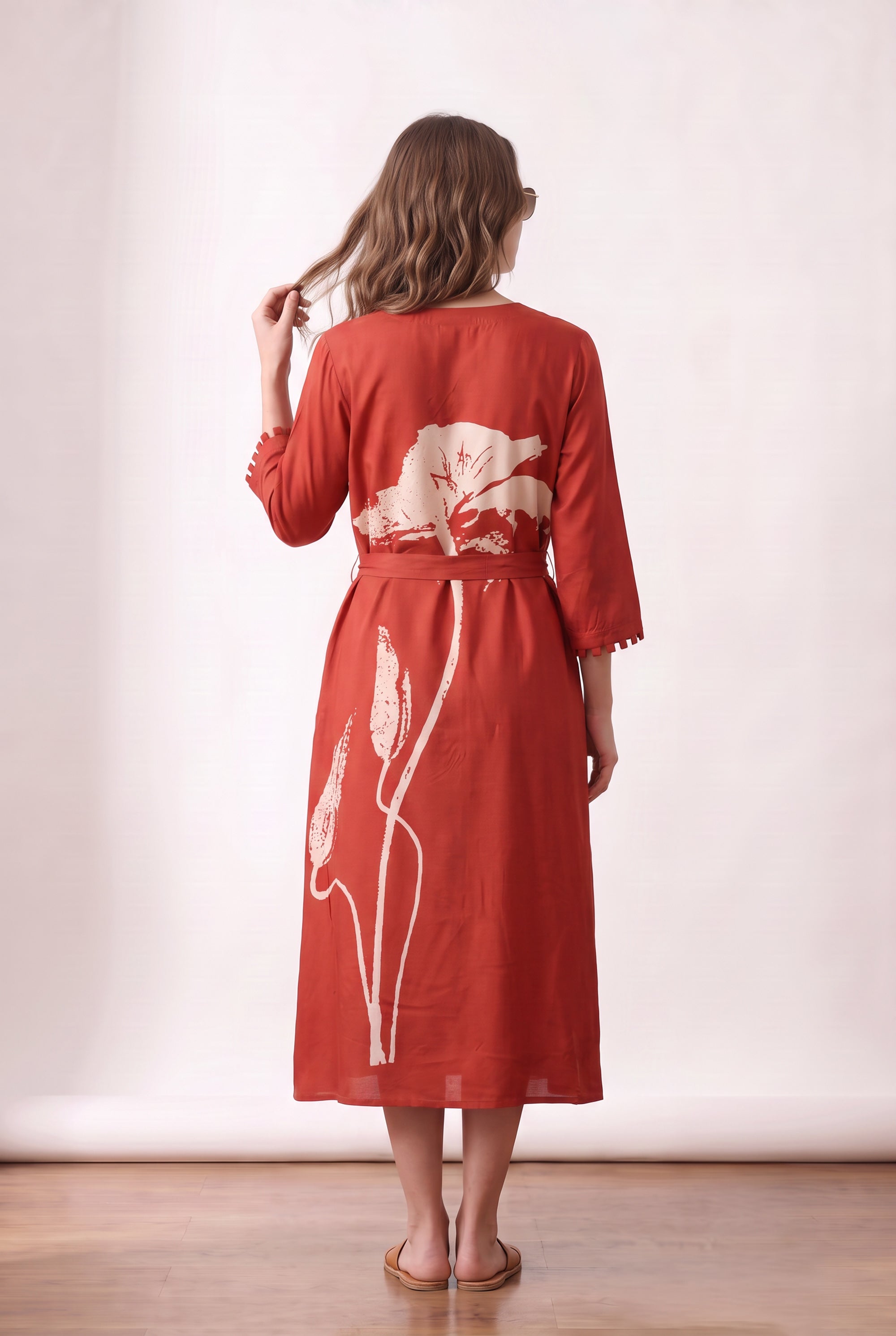 Orange Floral Printed Midi Russian Silk Dress