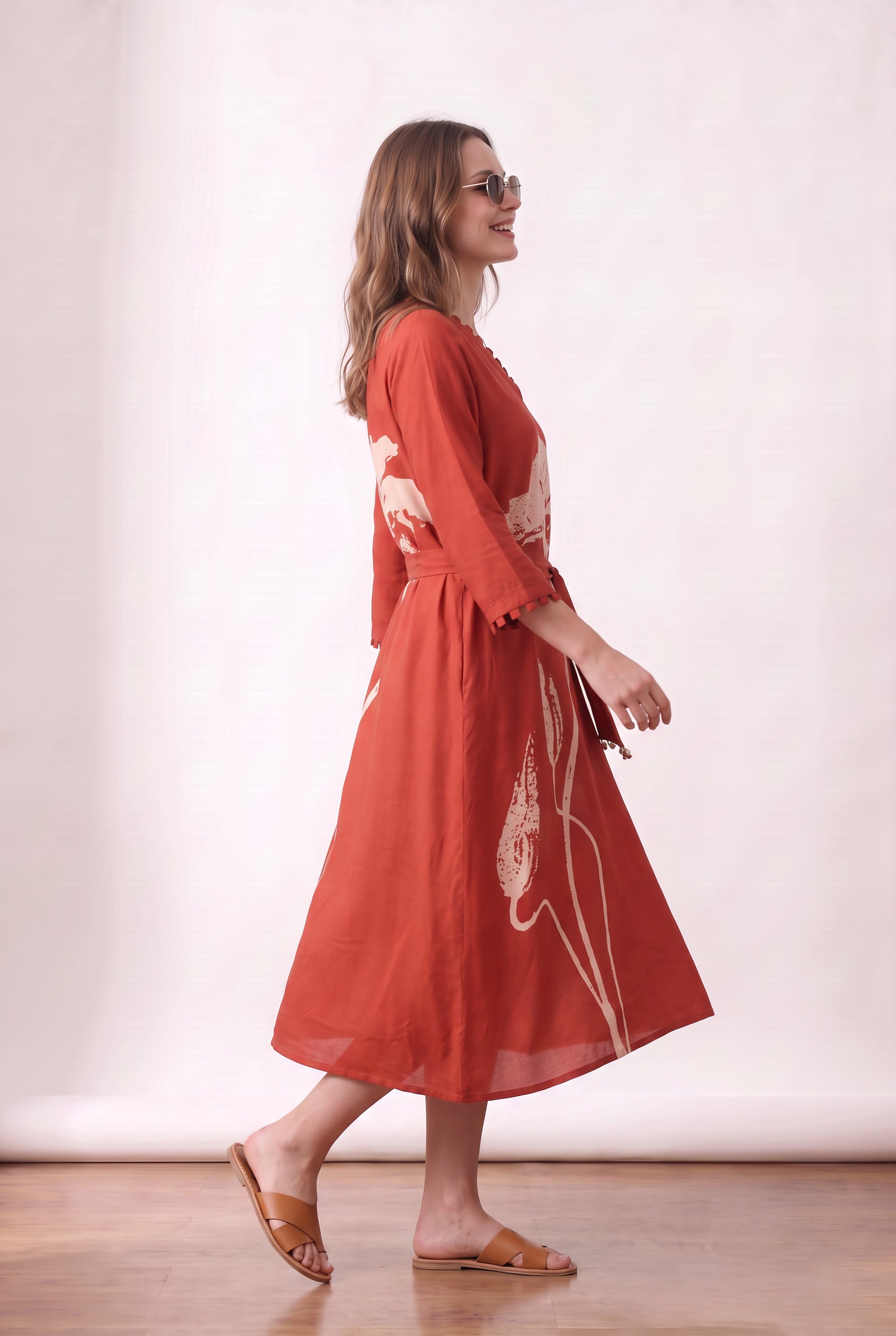 Orange Floral Printed Midi Russian Silk Dress
