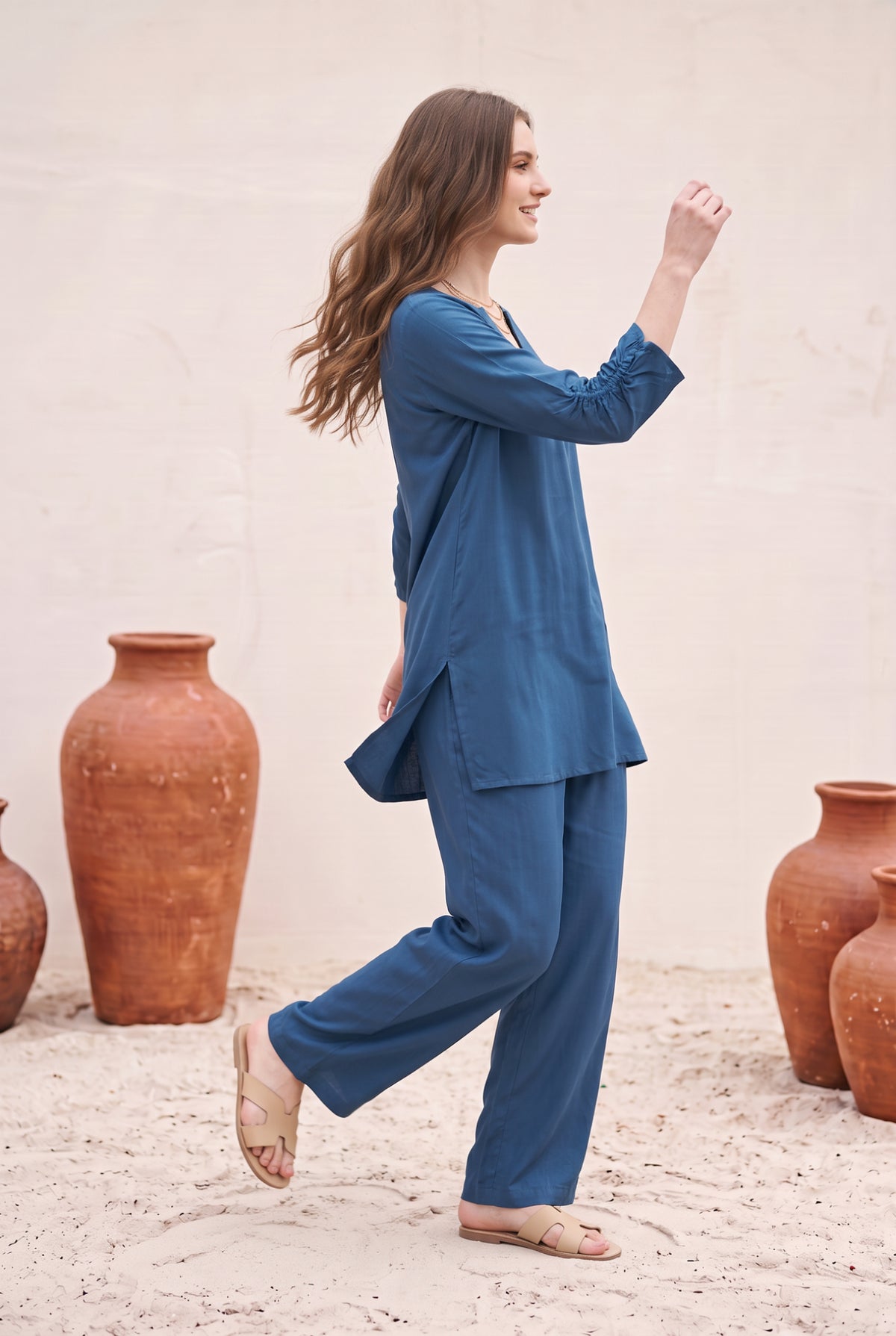 Blue Solid Russian Silk Co-Ord Set