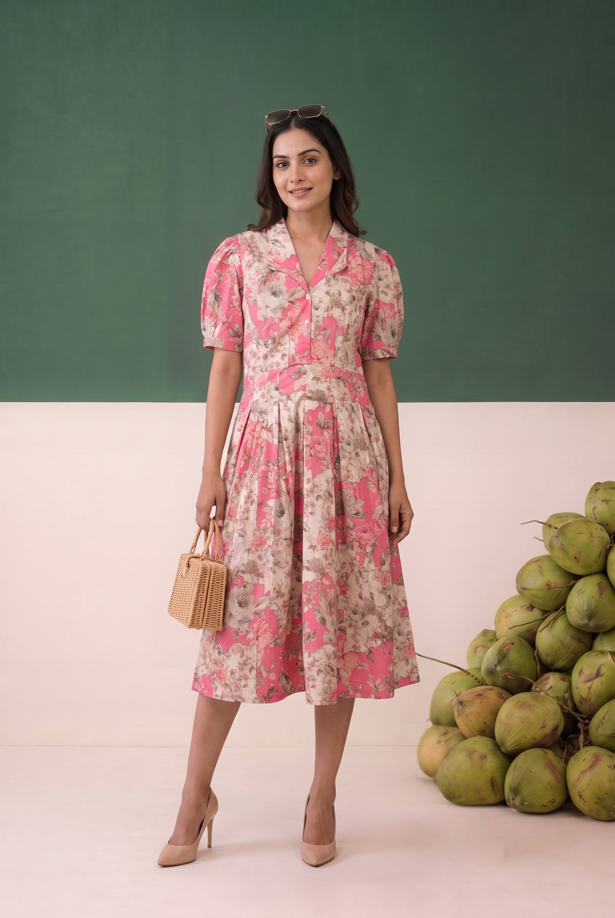 Pink Floral Printed Fit and Flare Puff Sleeve Midi Cotton Dress