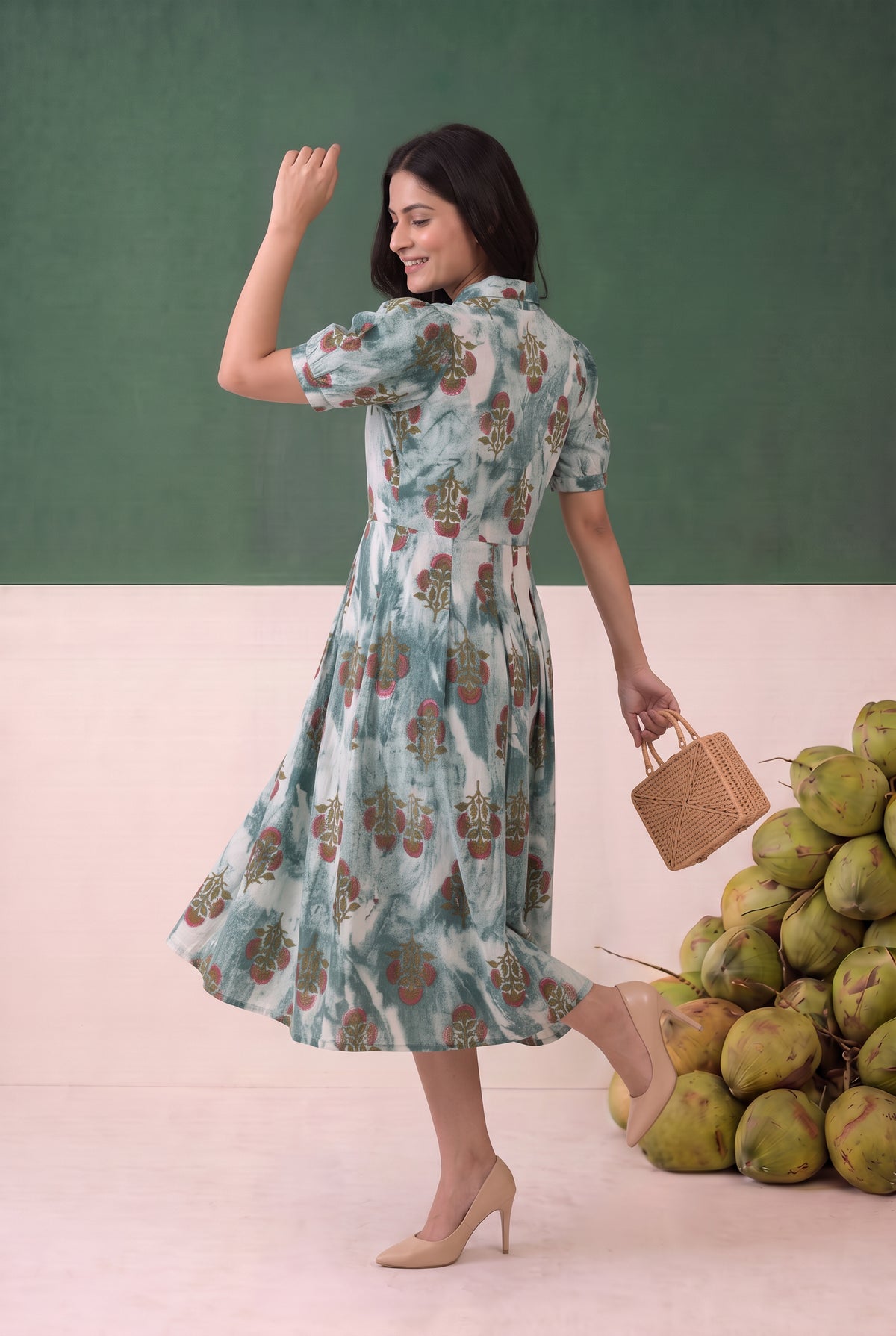 Blue Ethnic Printed Fit and Flare Midi Cotton Dress