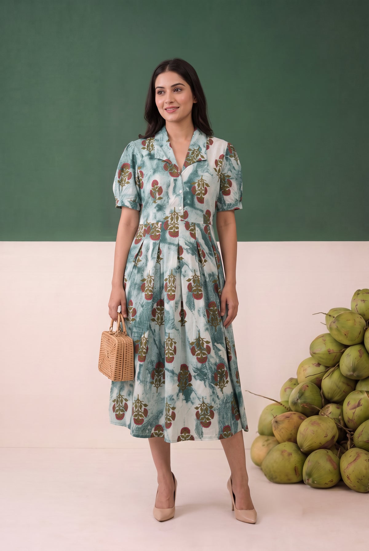 Blue Ethnic Printed Fit and Flare Midi Cotton Dress