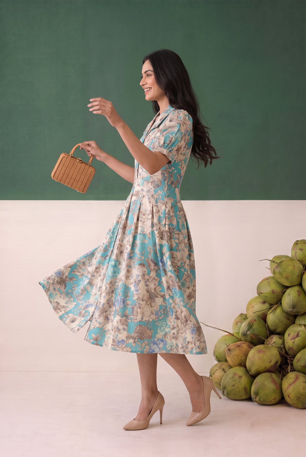 Blue Floral Printed Fit and Flare Midi Cotton Dress