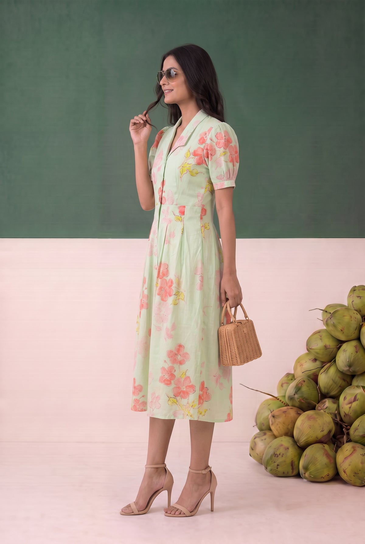 Light Green Floral Printed Fit and Flare Midi Cotton Dress