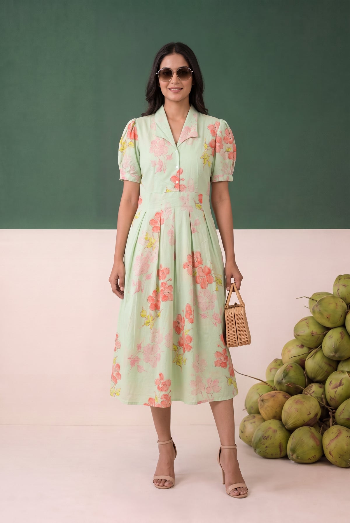 Light Green Floral Printed Fit and Flare Midi Cotton Dress