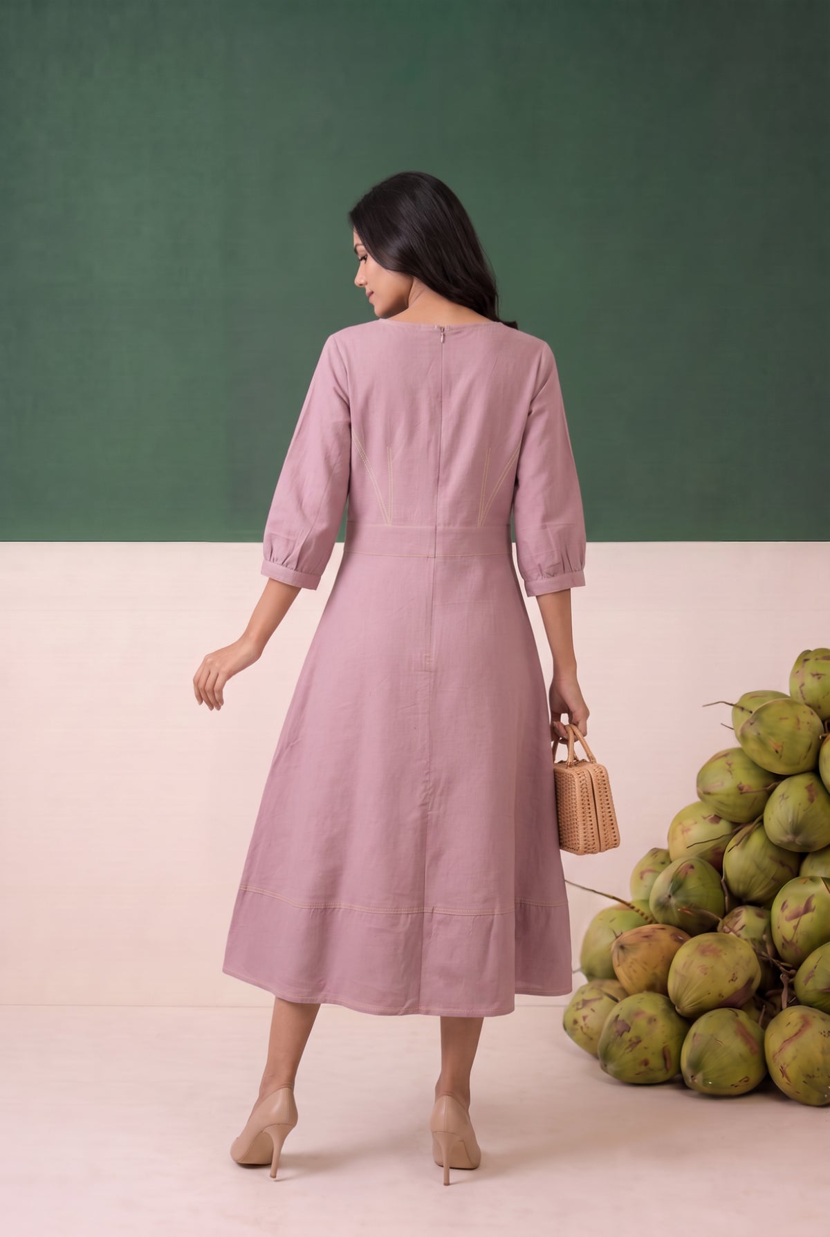 Onion Pink Solid A-Line Midi Cotton Dress with Contrast Stitching
