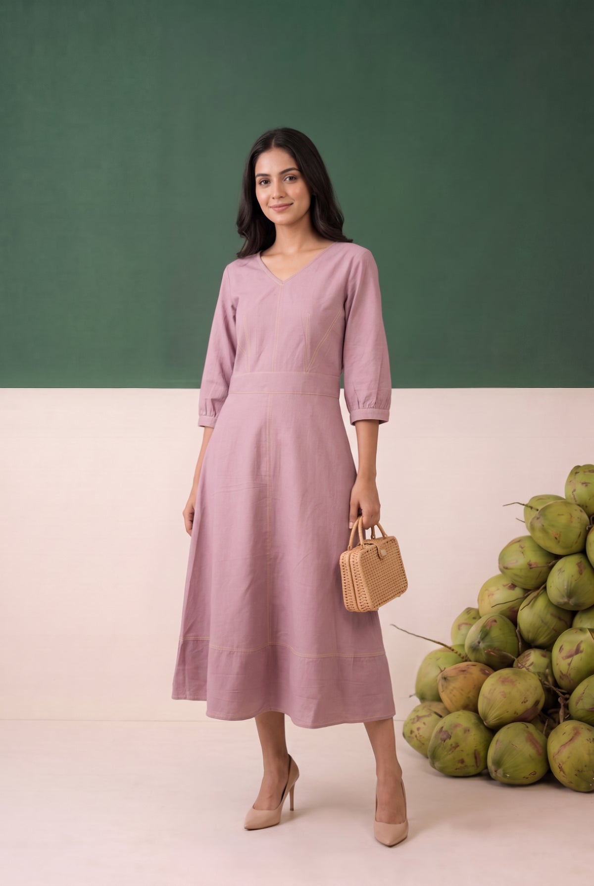 Onion Pink Solid A-Line Midi Cotton Dress with Contrast Stitching