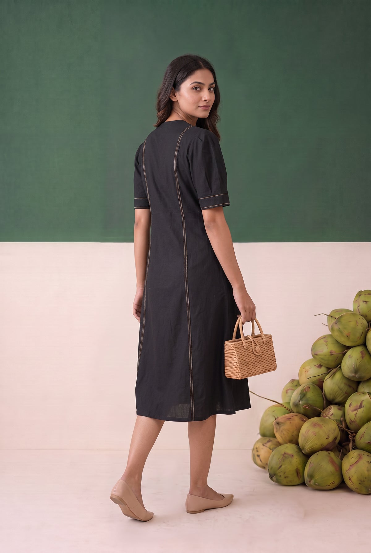 Black Solid Midi Cotton Dress with Waist Tie Belt Contrast Stitching