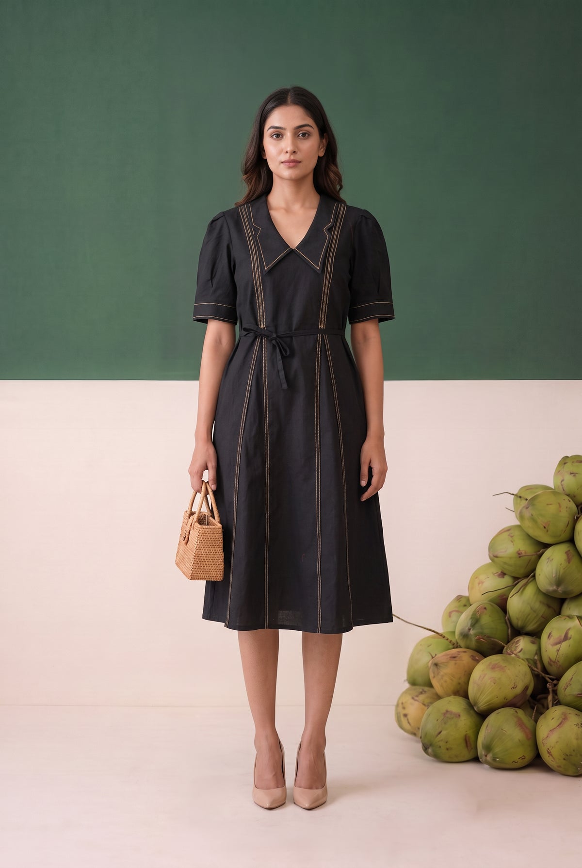 Black Solid Midi Cotton Dress with Waist Tie Belt Contrast Stitching