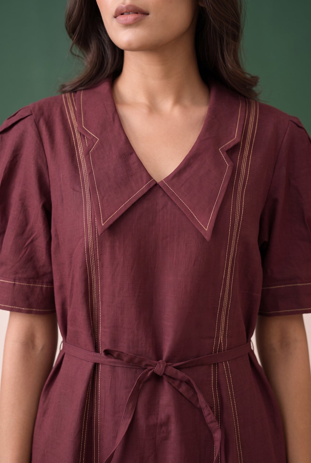 Wine Solid Midi Cotton Dress with Waist Tie Belt Contrast Stitching