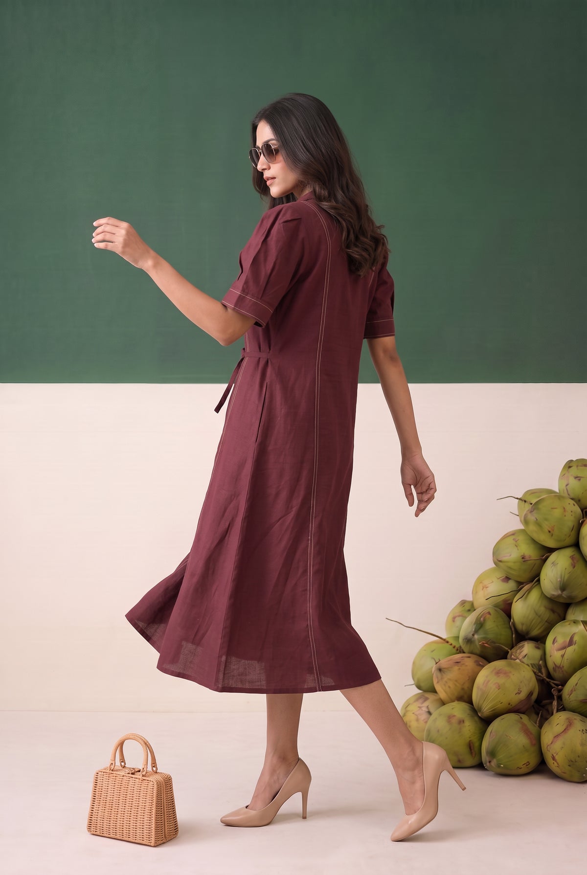 Wine Solid Midi Cotton Dress with Waist Tie Belt Contrast Stitching