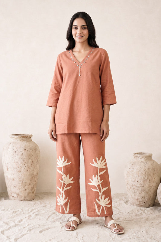 Peach Embroidered Cotton Flex Co-ord Set