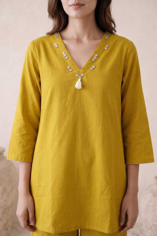 Mustard Embroidered Cotton Flex Co-ord Set