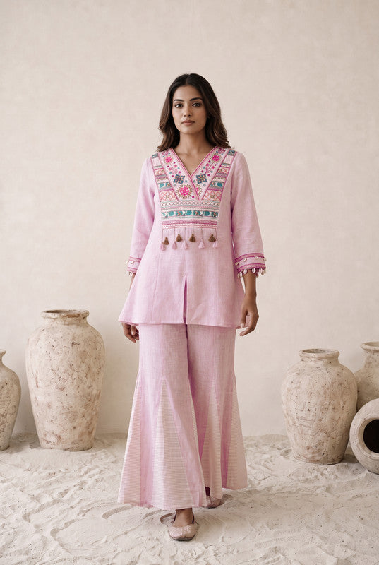 Blush Pink Embroidered Cotton Flared Co-ord Set