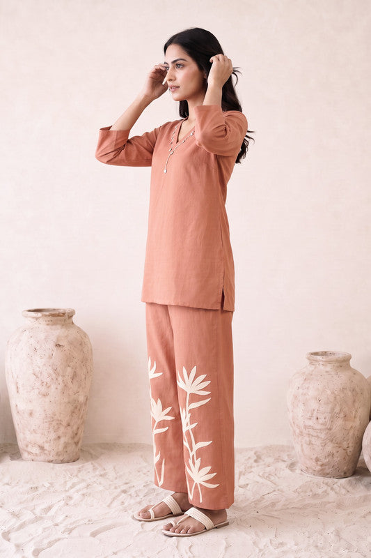 Peach Embroidered Cotton Flex Co-ord Set