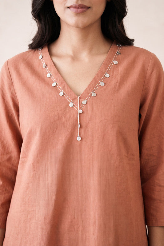 Peach Embroidered Cotton Flex Co-ord Set