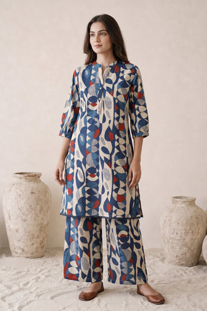 Geometric Print Blue Cotton Co-ord Set