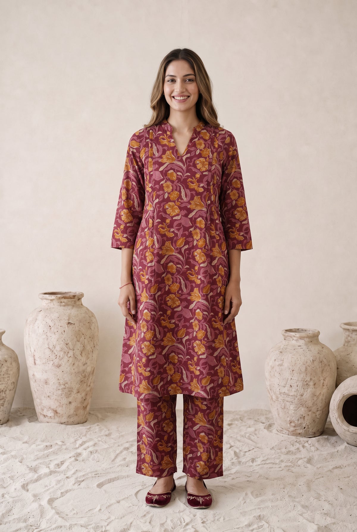 Wine Maroon Floral Printed Cotton Kurta  Set