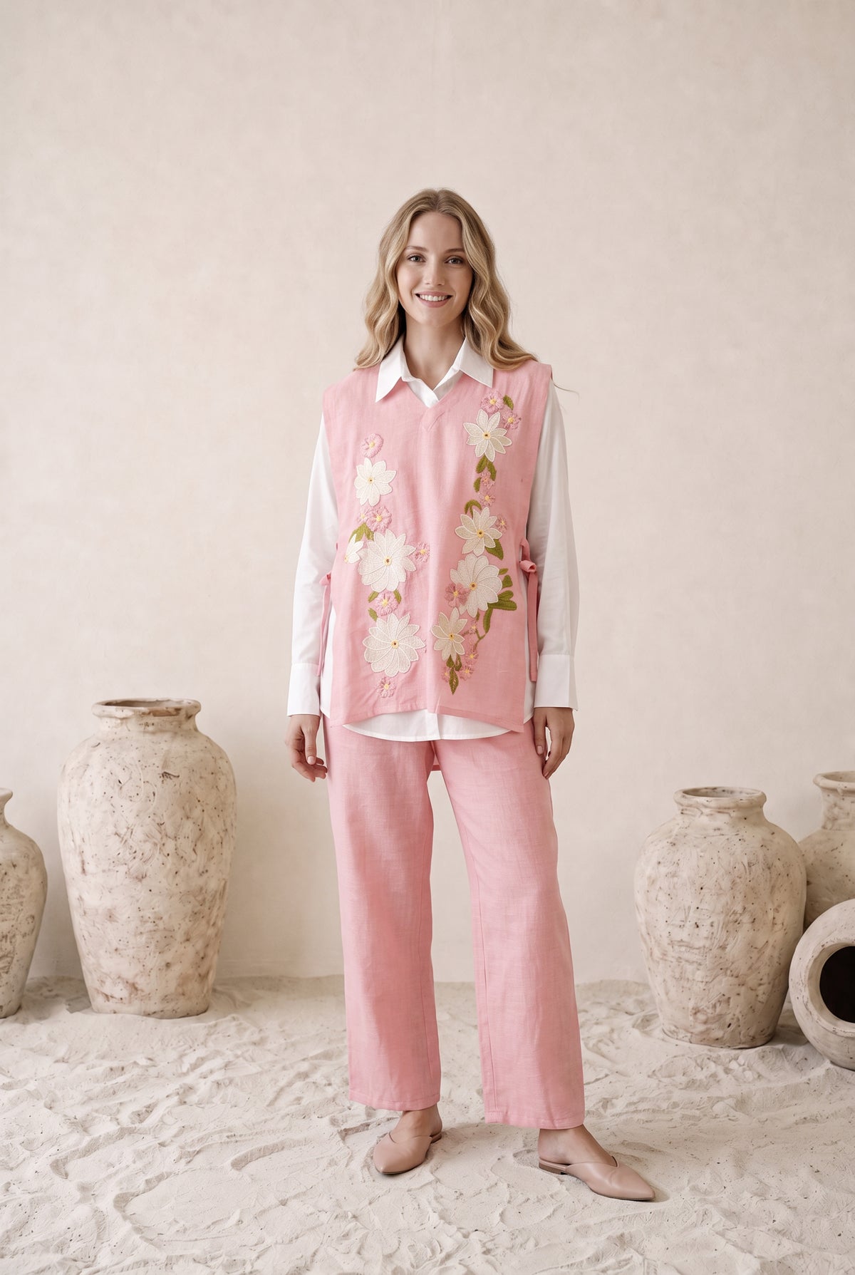 Blush Pink Floral Embroidered Cotton Co-ord Set