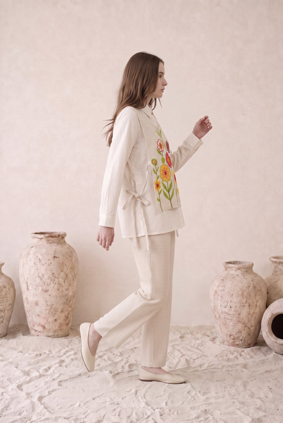 Floral Embroidered Off-White Cotton Layered Co-ord Set