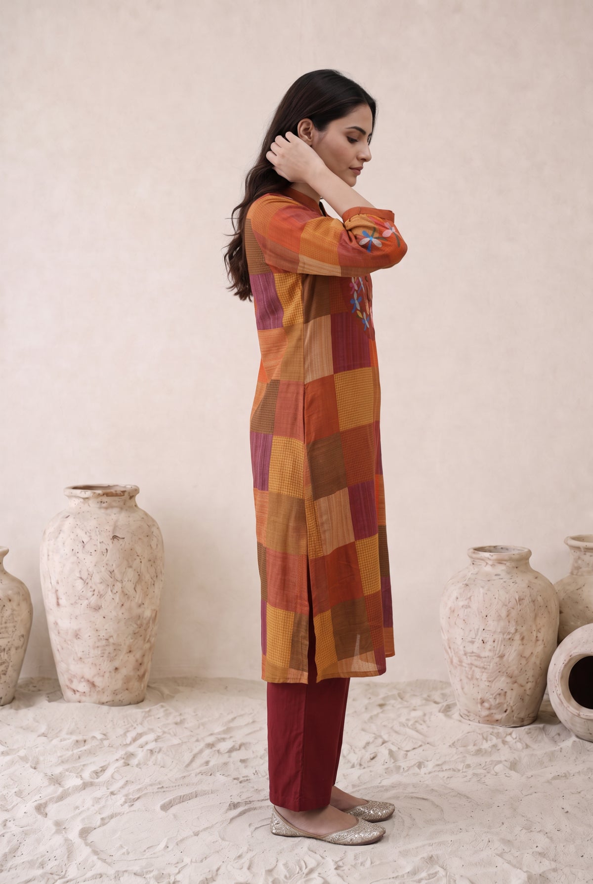 Art Patchwork Red Cotton Kurta Set
