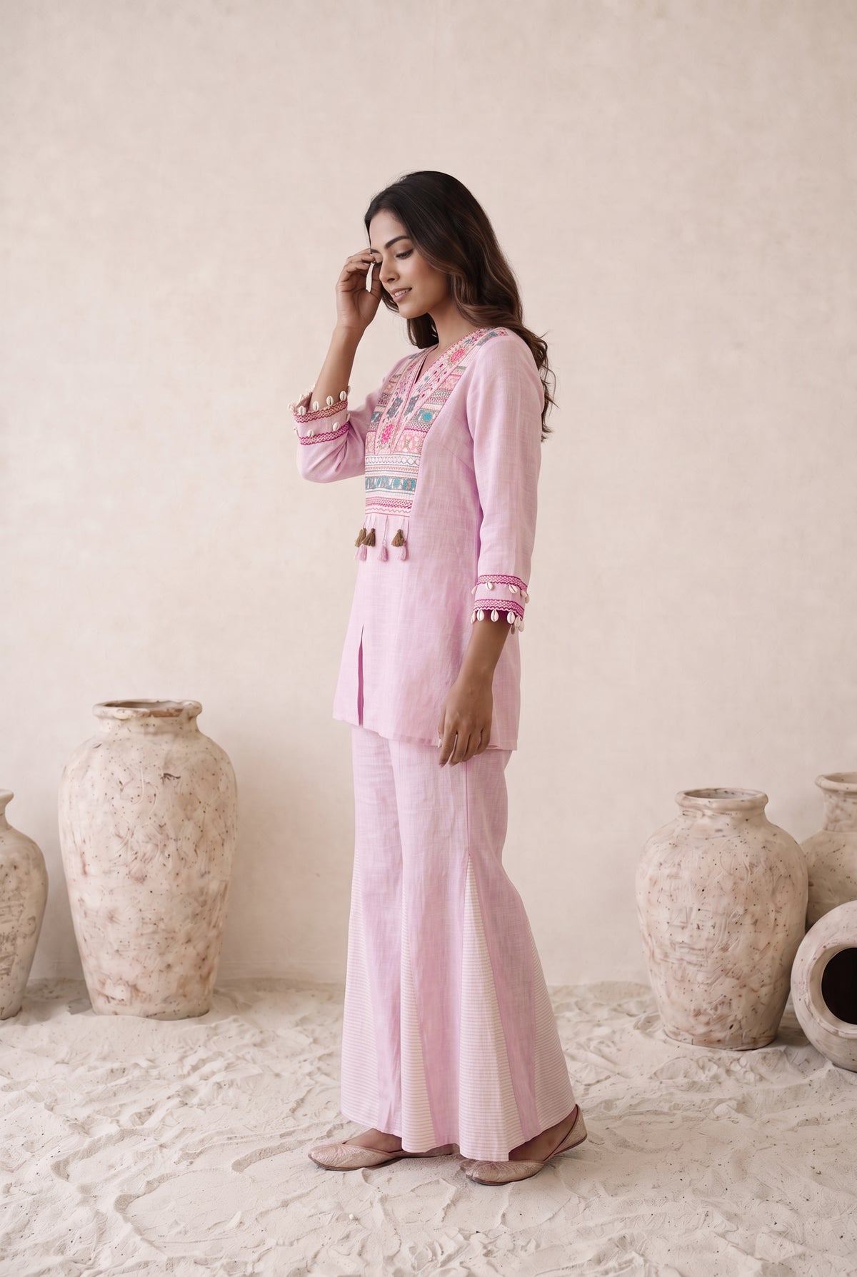 Blush Pink Embroidered Cotton Flared Co-ord Set