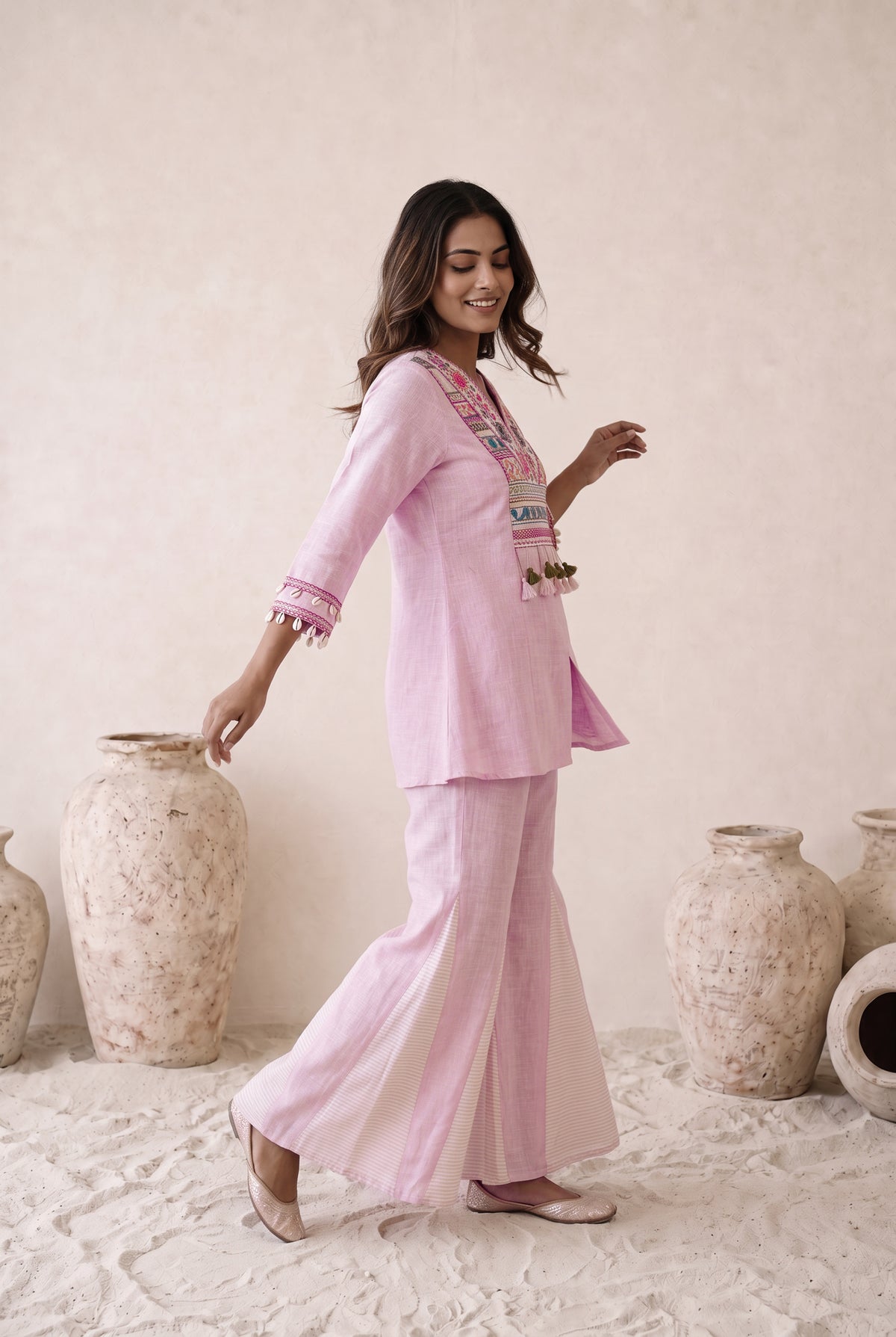 Blush Pink Embroidered Cotton Flared Co-ord Set