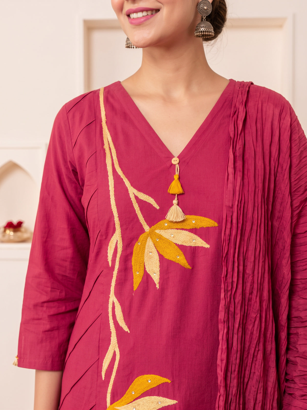 Maroon Floral and Leaf Embroidered Cotton Kurta Set with Dupatta