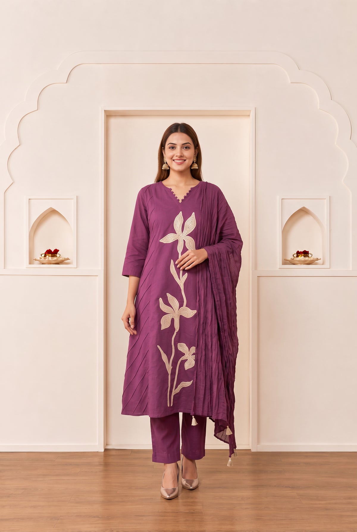 Purple Floral Embroidered Cotton Kurta Set with Dupatta