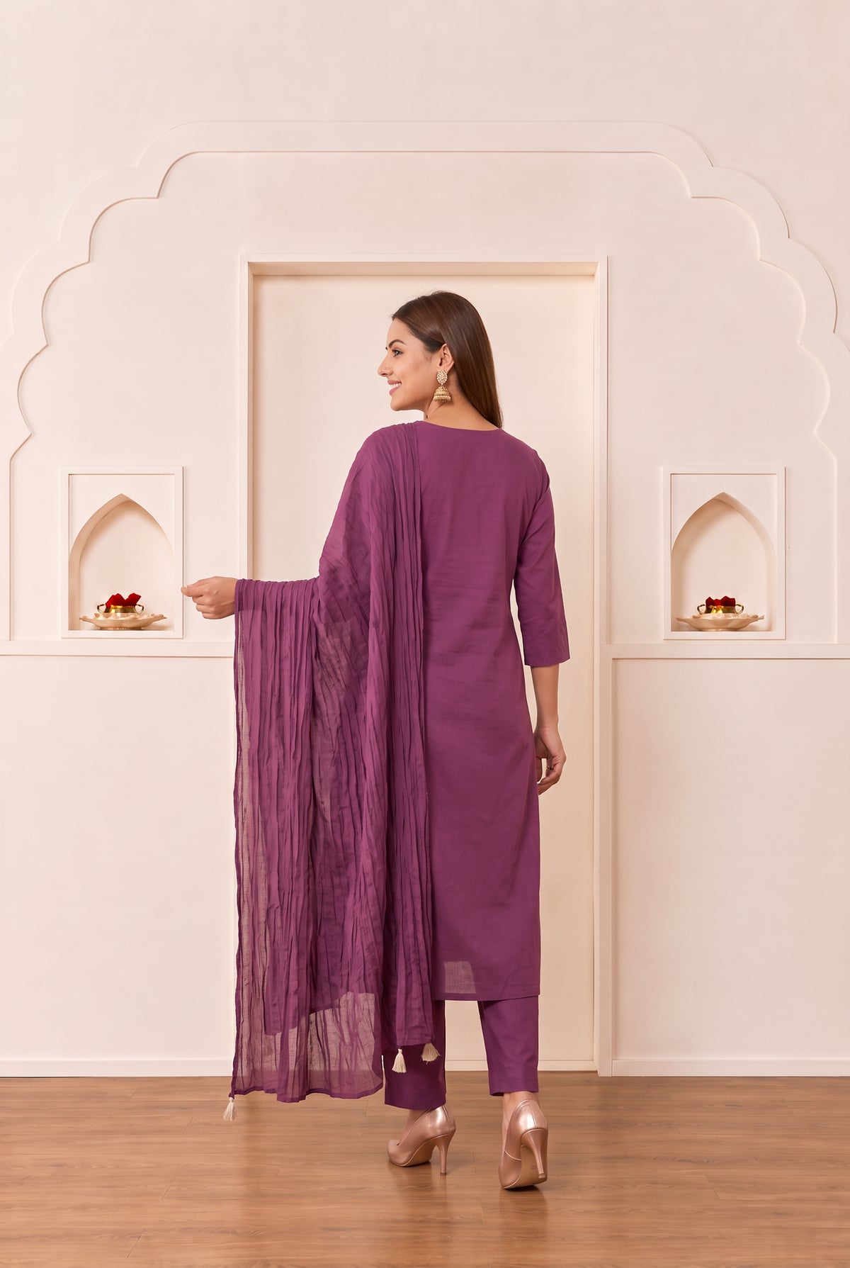 Purple Floral Embroidered Cotton Kurta Set with Dupatta