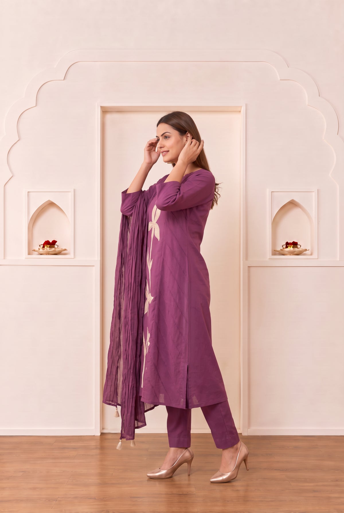 Purple Floral Embroidered Cotton Kurta Set with Dupatta