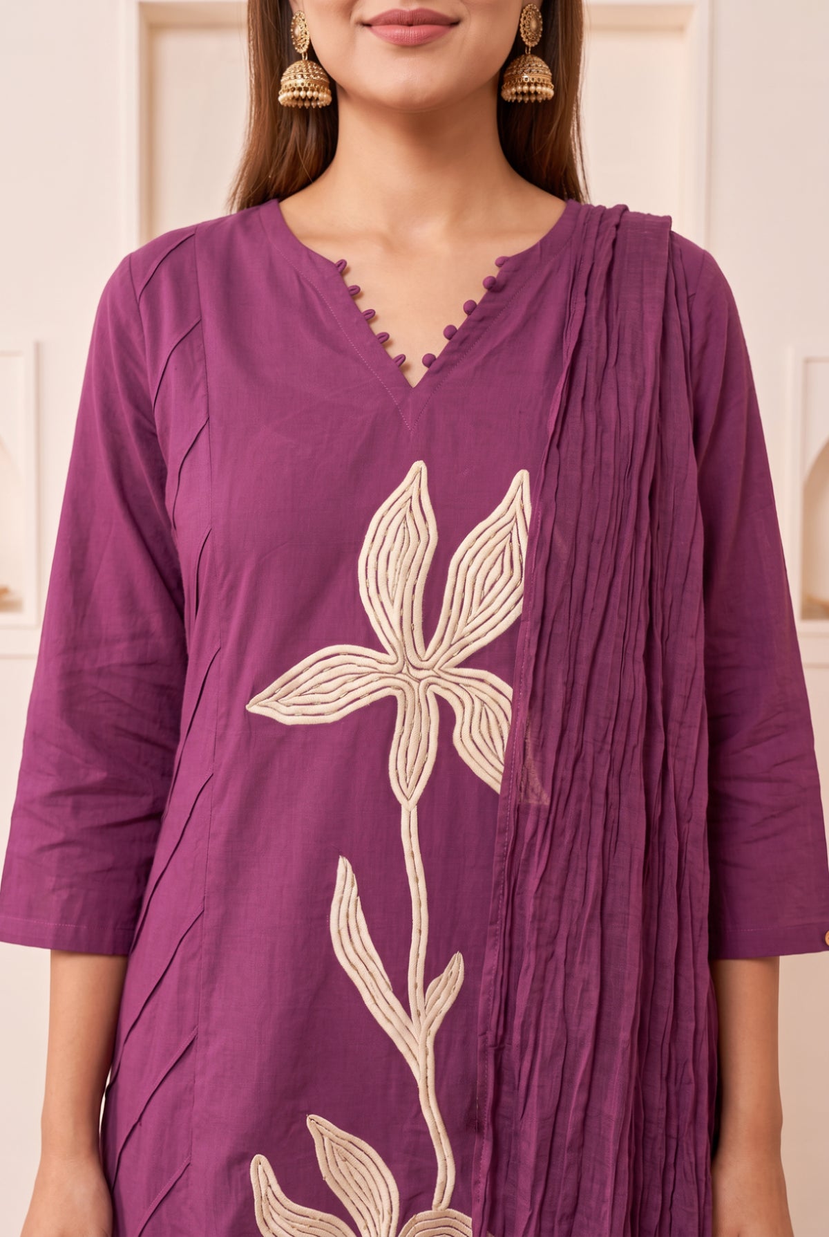 Purple Floral Embroidered Cotton Kurta Set with Dupatta