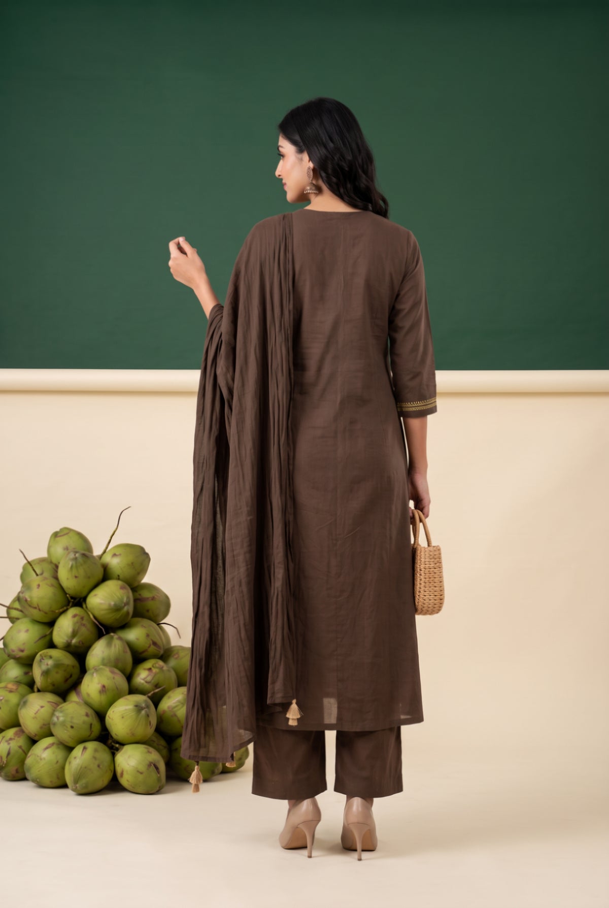 Brown Floral Embroidered Cotton Kurta Set with Dupatta