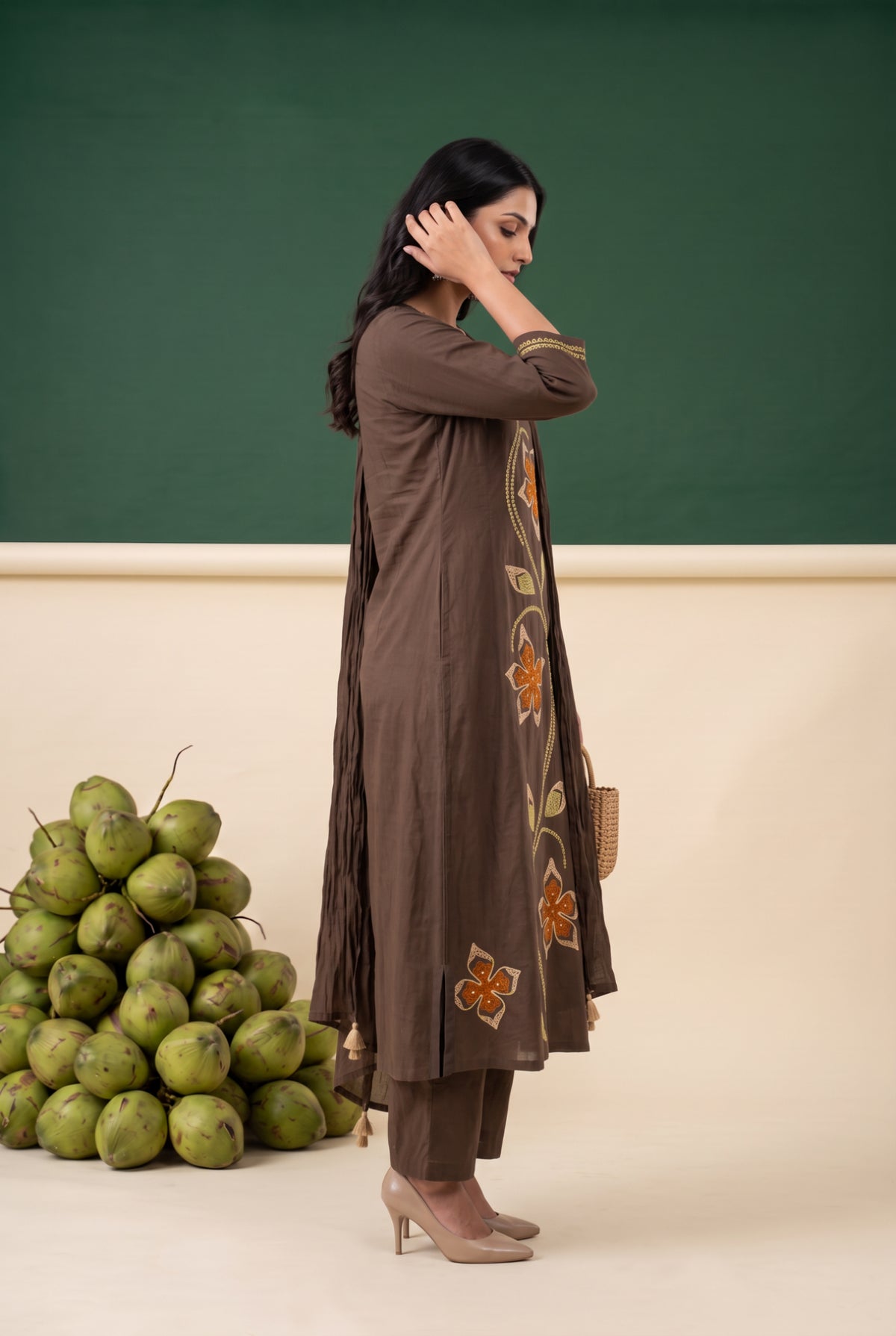 Brown Floral Embroidered Cotton Kurta Set with Dupatta