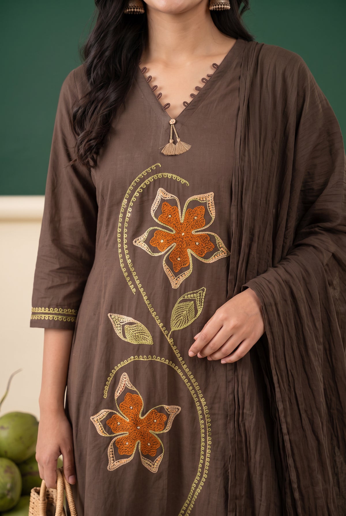 Brown Floral Embroidered Cotton Kurta Set with Dupatta