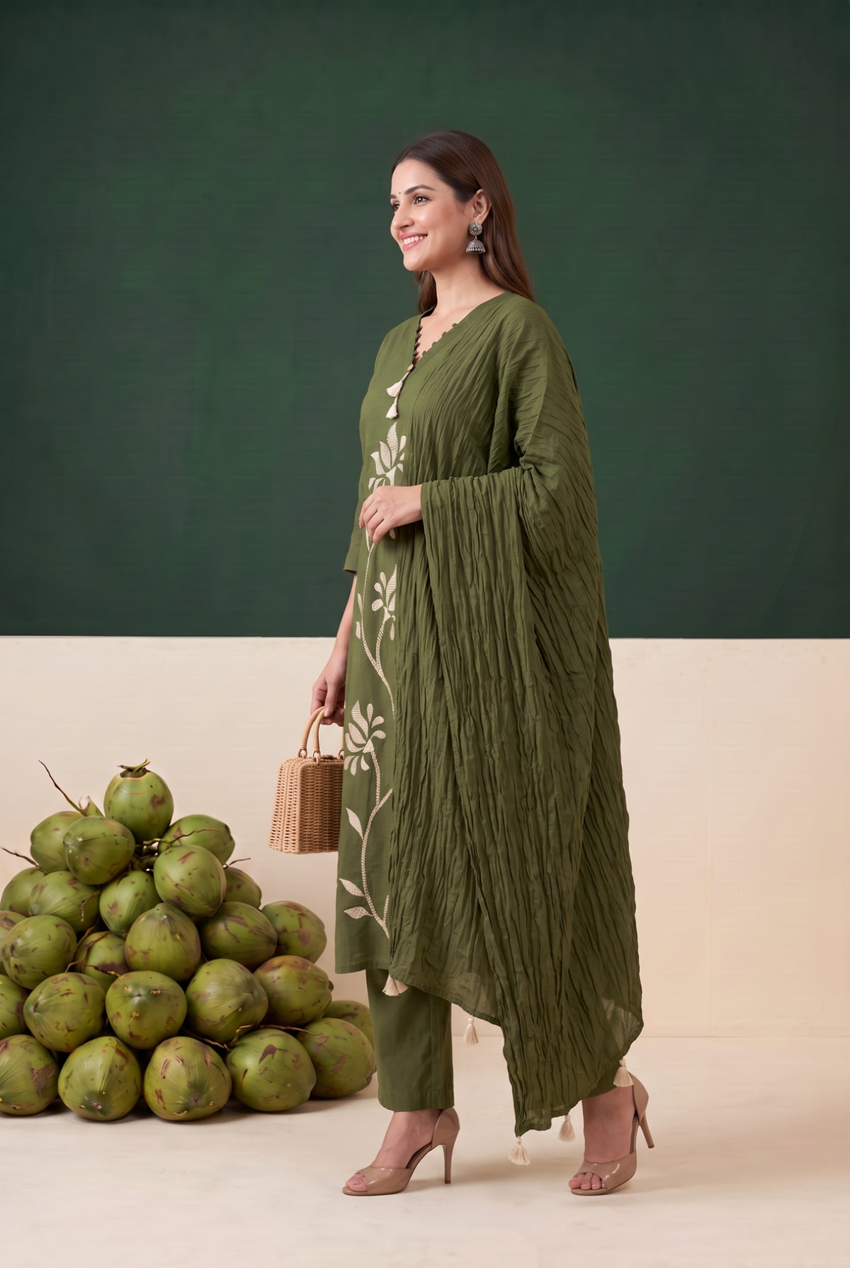 Olive Green Floral Embroidered Cotton Kurta Set with Dupatta