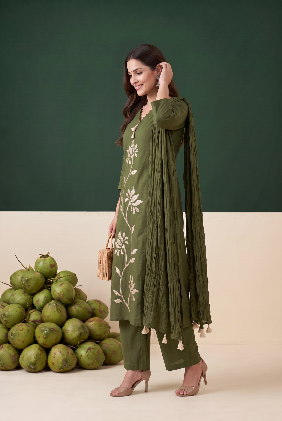 Olive Green Floral Embroidered Cotton Kurta Set with Dupatta