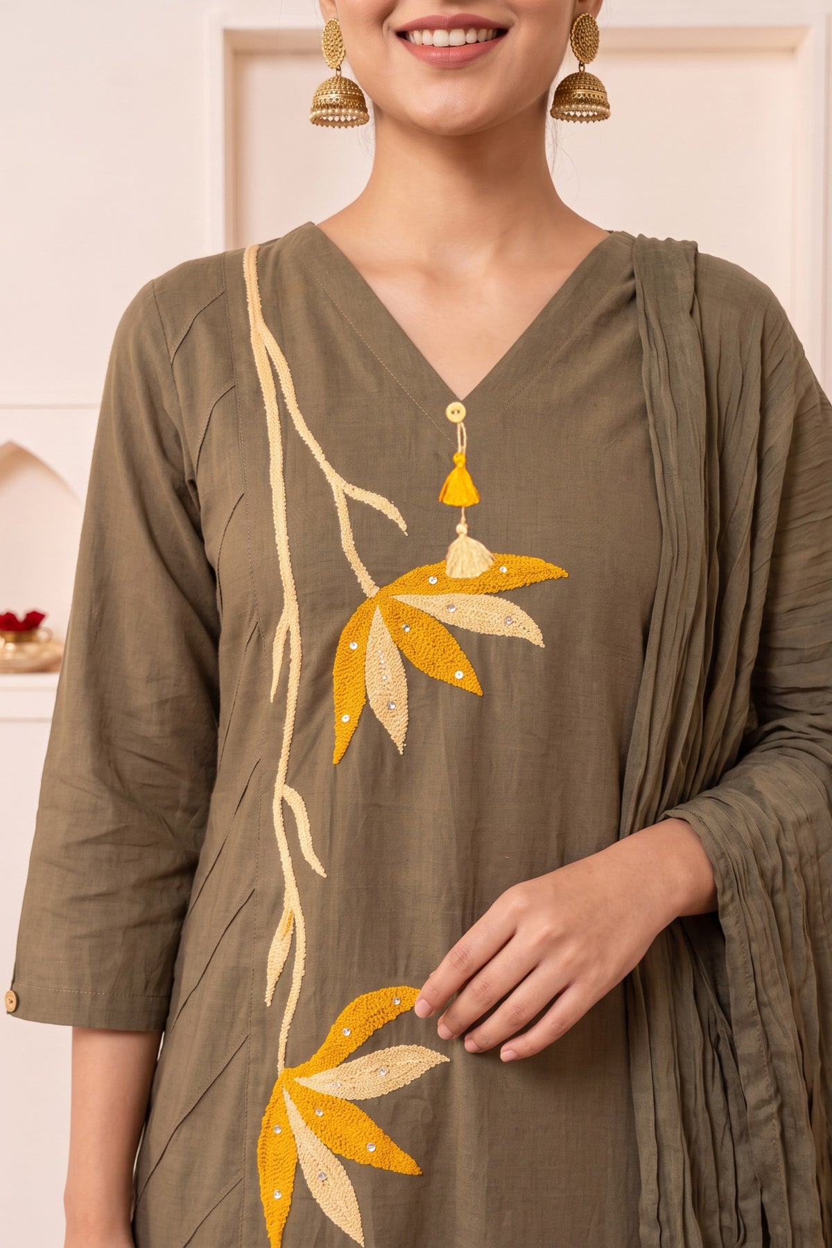 Brown Floral Leaf Embroidered Cotton Kurta Set with Dupatta