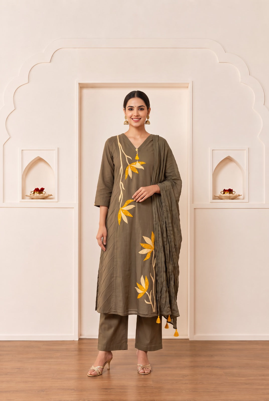 Brown Floral Leaf Embroidered Cotton Kurta Set with Dupatta
