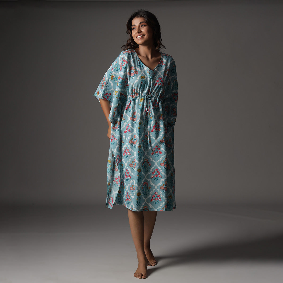 Floral Print on Sky Blue Midi Kaftan JISORA