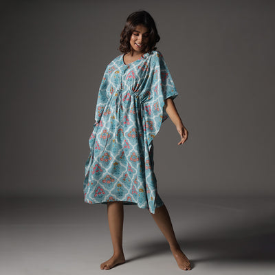 Floral Print on Sky Blue Midi Kaftan JISORA