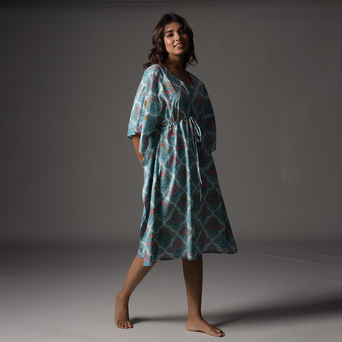 Floral Print on Sky Blue Midi Kaftan JISORA
