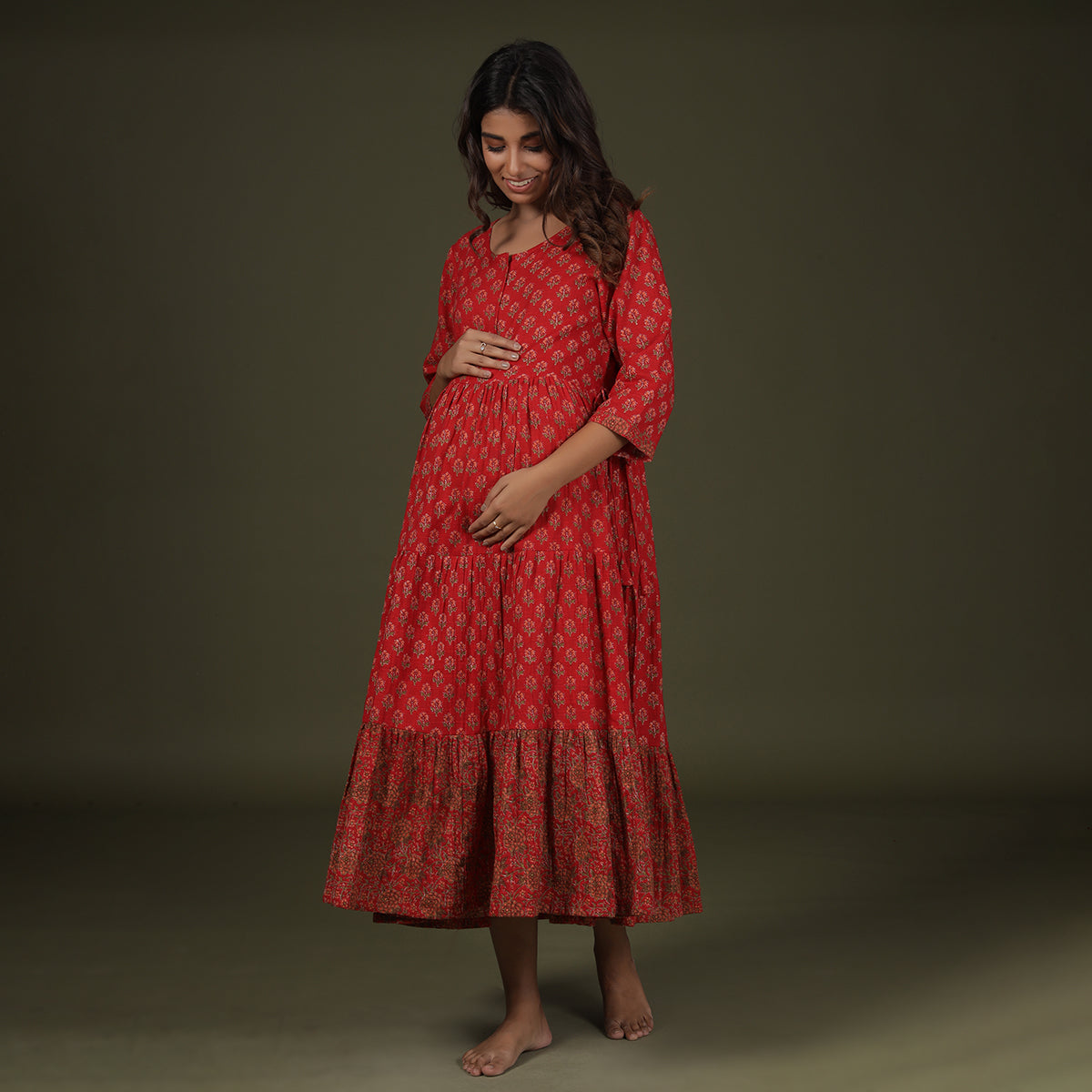 Floral Print on Red Maternity Dress Jisora Jaipur