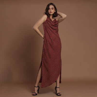 Diamonds on Maroon Silk Cowl Neck Dress Jisora Jaipur