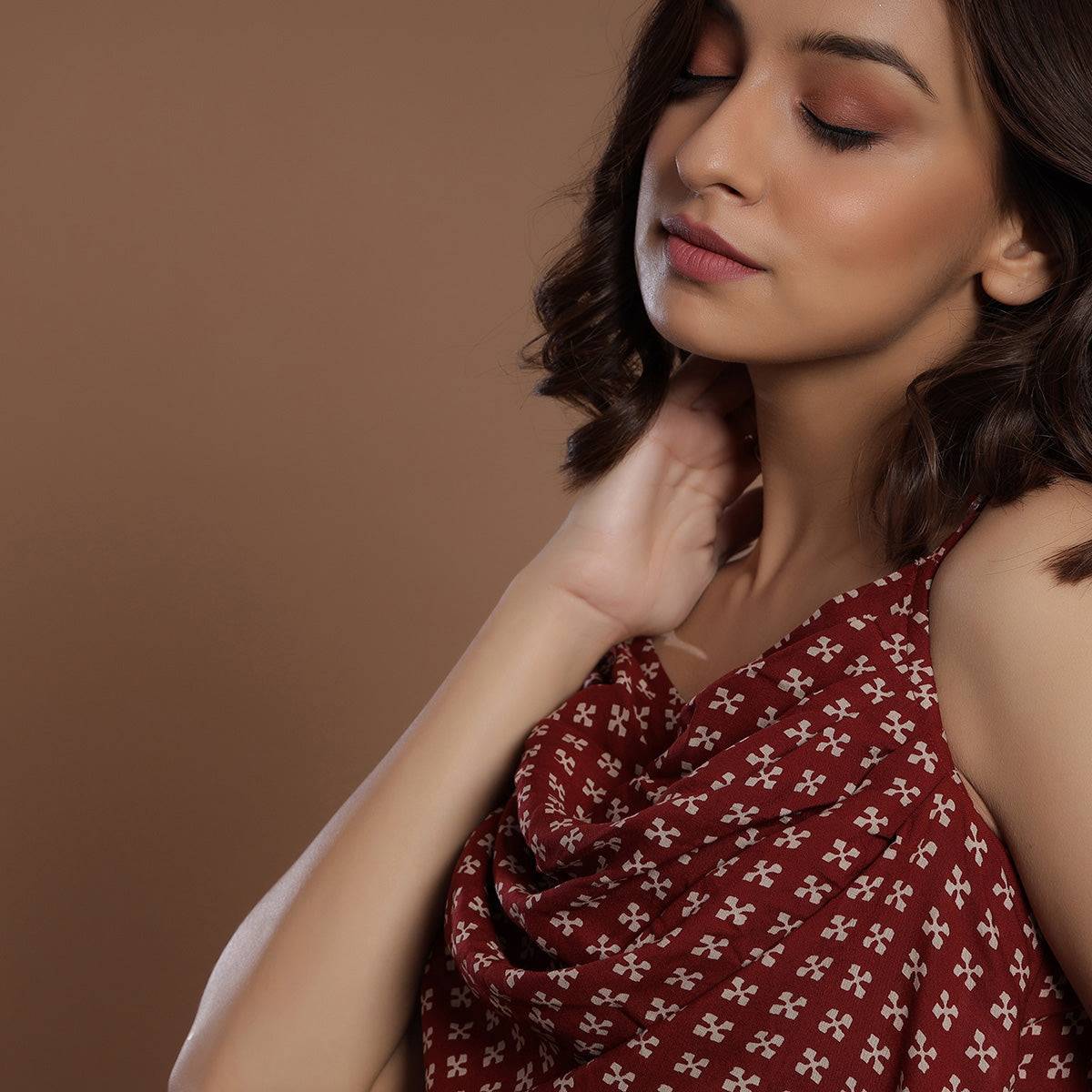 Diamonds on Maroon Silk Cowl Neck Dress Jisora Jaipur