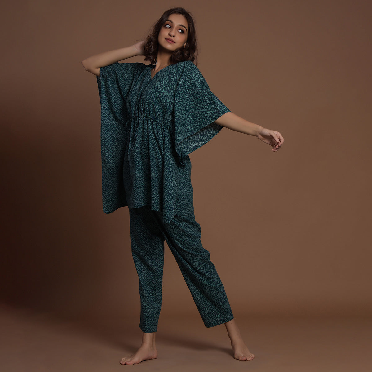 Twirled Bandhani On Green Kaftan Pyjama JISORA