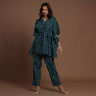 Twirled Bandhani On Green Kaftan Pyjama JISORA