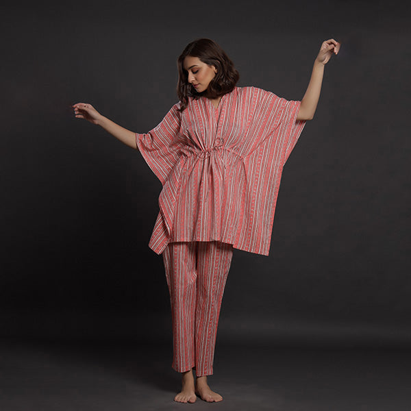 Geometric Weaves On Pink Kaftan Pyjama Jisora India